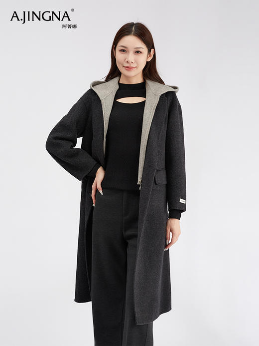 【商城同款】阿菁娜休闲百搭连帽假两件长款羊毛大衣F30D211023 商品图0
