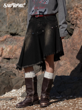 早乙女惠子saotome/STMBQ13105/流苏不规则下摆牛仔半裙