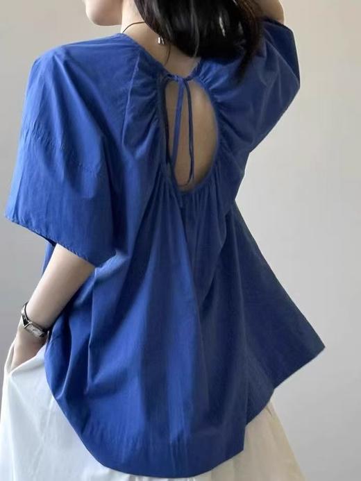 A5989韩系纯棉系带露背镂空娃娃衫女 夏季设计感圆领短袖衬衫 商品图0