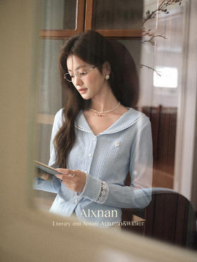 【6折秒杀】鹿向南「秋日蓝调」蓝色娃娃领长袖T恤女秋季显瘦针织衫开衫上衣L56993