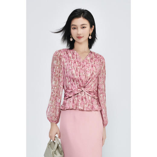 米思阳优雅风减龄印花收腰衬衫长袖V领显瘦衬衣女4266 商品图1