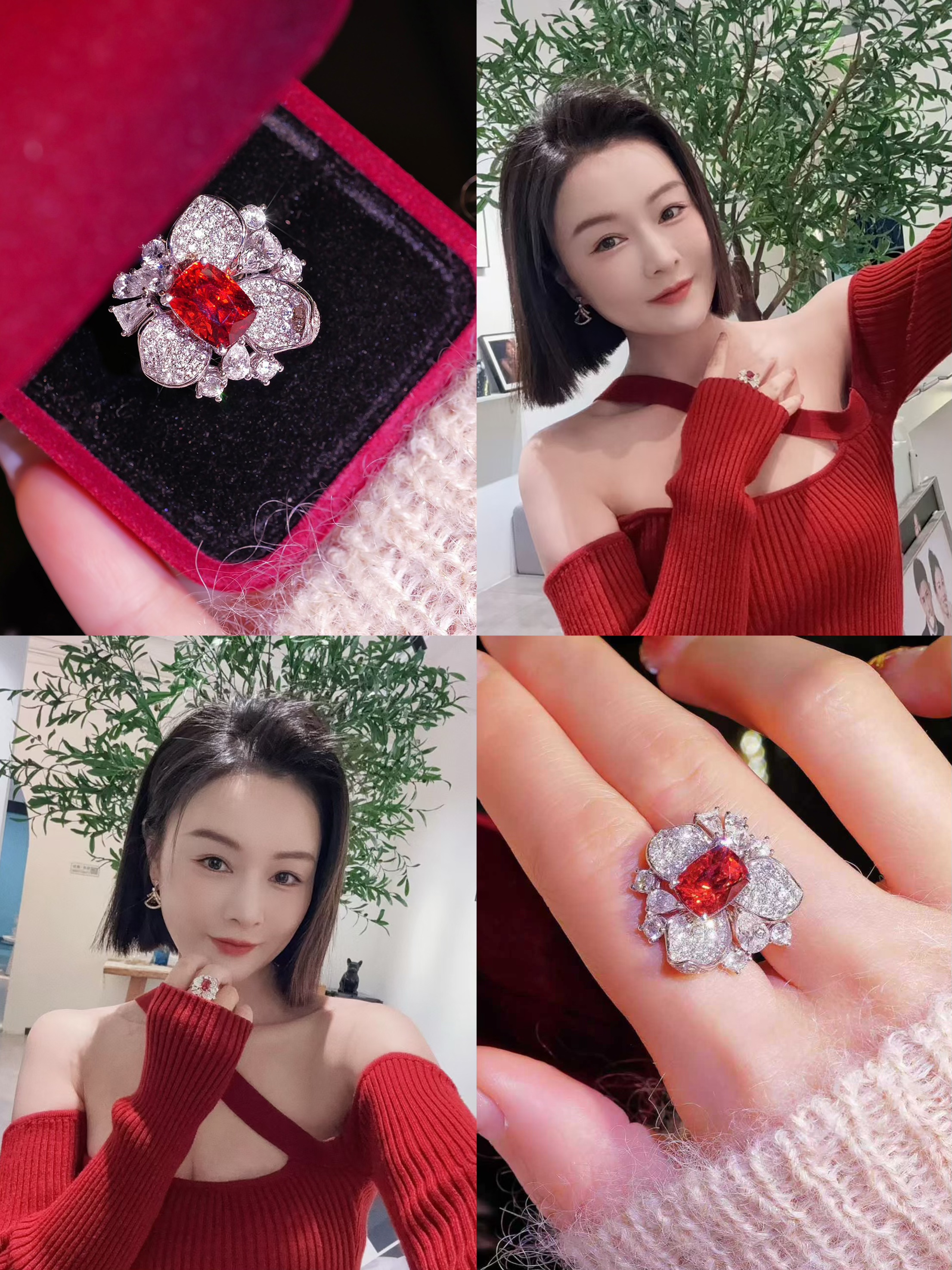 【梁小姐彩宝】收藏！18K金缅甸绝地武士尖晶石 红色满钻花朵设计gao定钻石戒指3.15克拉(3-5天左右）