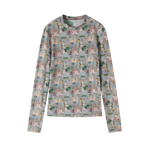 谜底T恤长袖女2025秋季新品复古风柔软舒适涂鸦印花上衣253MT1091 商品图0