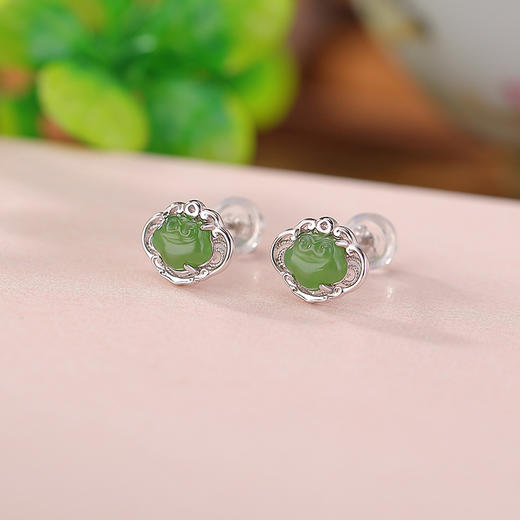 【如意清欢】S925纯银碧玉平安如意天然和田镂空花丝银耳钉【CW-ED03925】 商品图2