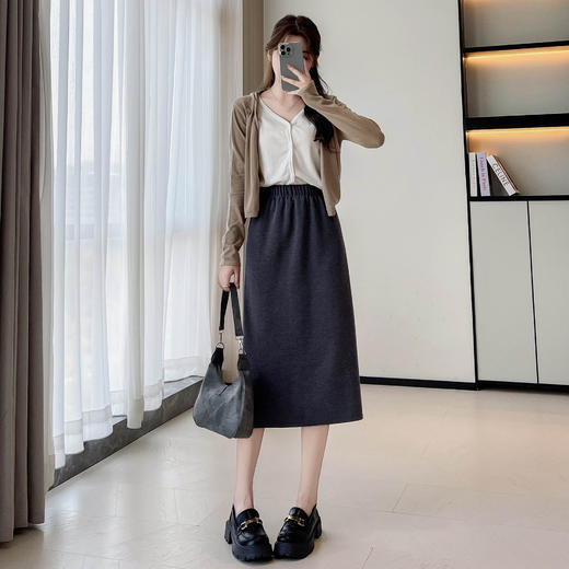 螺纹半身裙女春秋季高腰修身针织中长款长裙开叉a字包臀裙子 商品图2