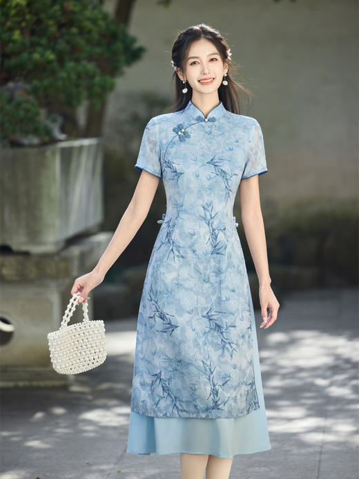 改良奥黛款旗袍女中长款日常修身新中式国风茶艺服装夏蓝色连衣裙 商品图1