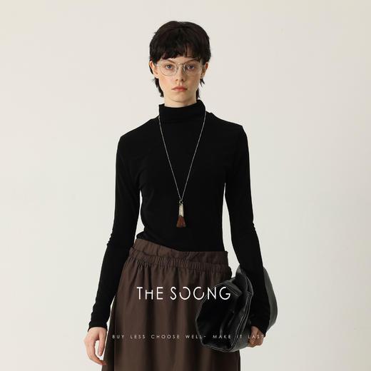 THESOONG|"经典时髦精"醋酸柔感黑色螺纹高领修身打底上衣HWTX7341 商品图1