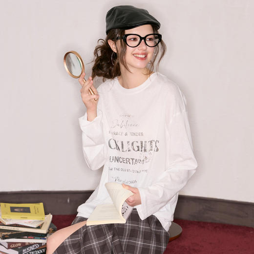 【莱赛尔】三彩独醒2025秋季新款字母印花宽松T恤上衣长袖休闲F 商品图3