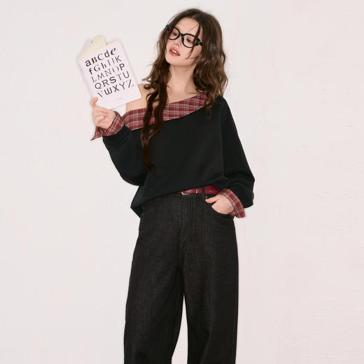 三彩独醒2025秋季新款复古格纹拼接卫衣套头衫宽松休闲设计感F 商品图2