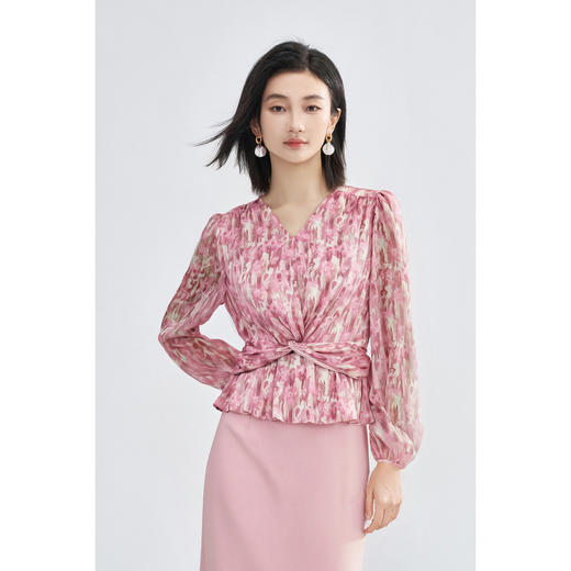 米思阳优雅风减龄印花收腰衬衫长袖V领显瘦衬衣女4266 商品图2