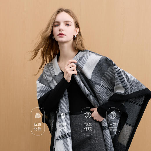 三彩2025新款英伦风经典格纹外搭针织披肩流苏保暖旅行通勤 商品图3