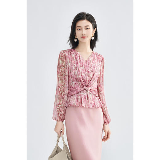 米思阳优雅风减龄印花收腰衬衫长袖V领显瘦衬衣女4266 商品图3