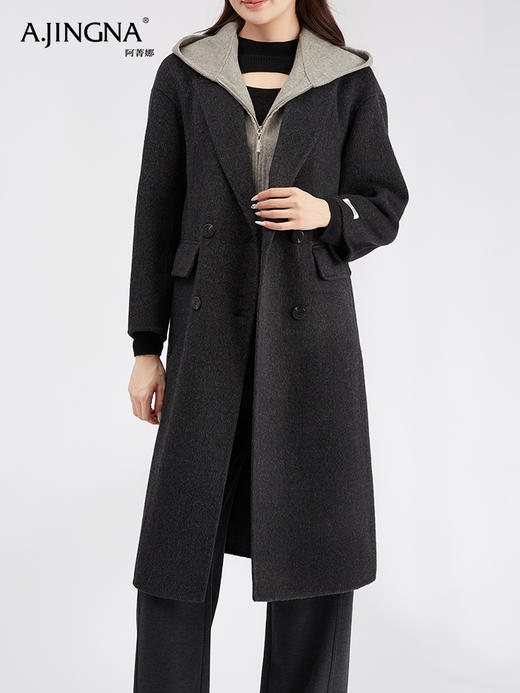 【商城同款】阿菁娜休闲百搭连帽假两件长款羊毛大衣F30D211023 商品图1