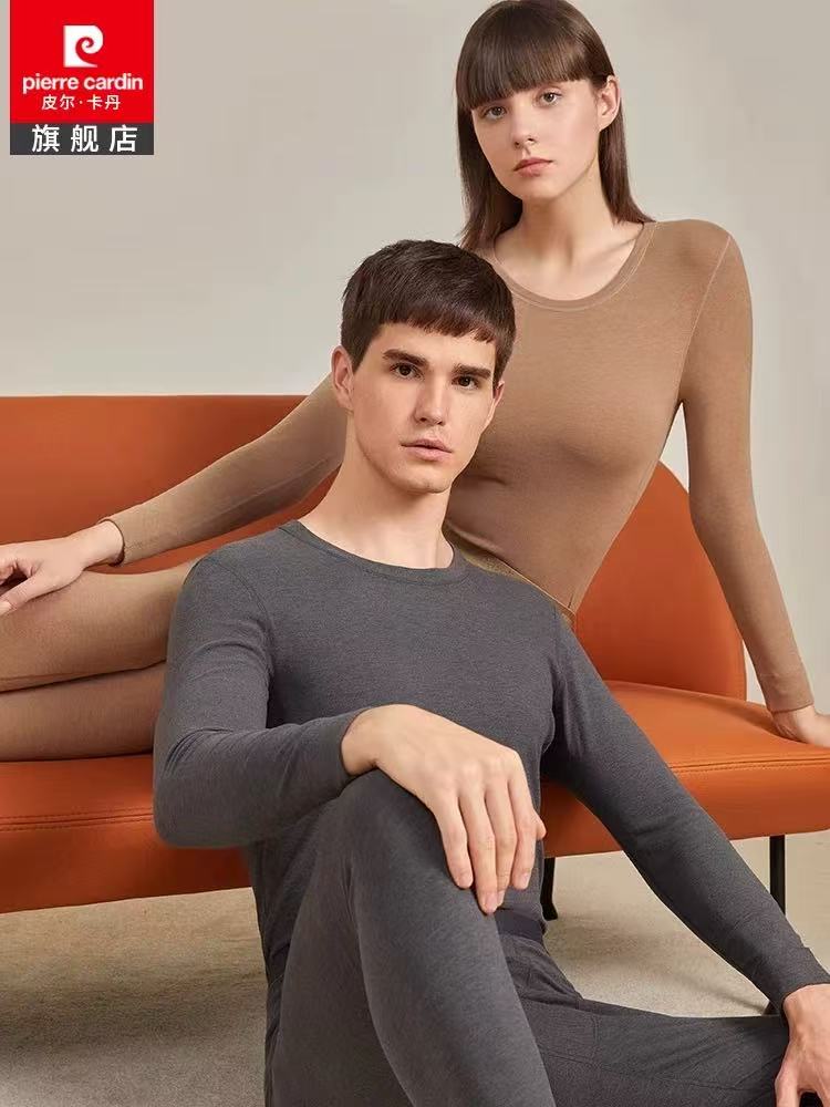 皮尔卡丹男女士保暖套装罗纹布保暖内衣秋衣秋裤圆领双面碳素磨绒WP374126/WP364126