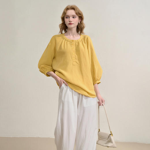 【限时秒杀】通勤宽松圆领七分袖衬衫女夏季复古文艺百搭休闲衬衣V2551107 商品图4