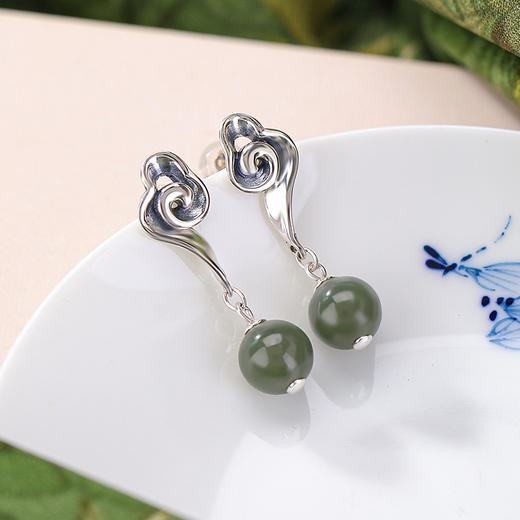 【祥云清影】S925纯银天然和田玉晴水玉祥云圆珠耳饰【CW-ED03935】 商品图2