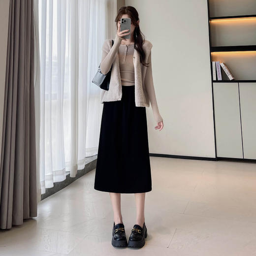 螺纹半身裙女春秋季高腰修身针织中长款长裙开叉a字包臀裙子 商品图3