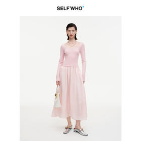 SELFWHO七夕系列粉色桃心领针织拼接连衣裙女2025秋新款优雅长裙