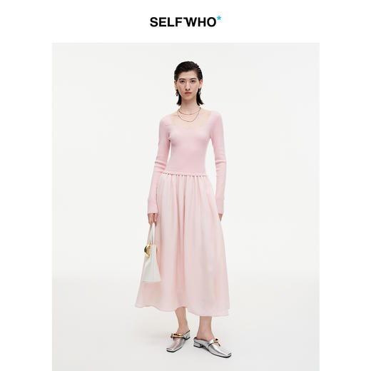 SELFWHO七夕系列粉色桃心领针织拼接连衣裙女2025秋新款优雅长裙 商品图0
