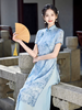 改良奥黛款旗袍女中长款日常修身新中式国风茶艺服装夏蓝色连衣裙 商品缩略图2