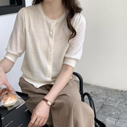 泡泡袖圆领精纺100纯羊毛衫女早秋薄款宽松显瘦短袖针织开衫上衣   ASZT-AS2058833-3 商品图0