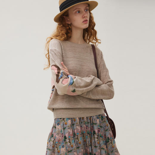 谜底套头针织衫女2025秋新品文艺百搭圆领柔软绣花毛衣253MZ1397 商品图1