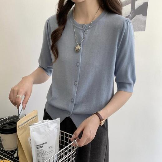 泡泡袖圆领精纺100纯羊毛衫女早秋薄款宽松显瘦短袖针织开衫上衣   ASZT-AS2058833-3 商品图1