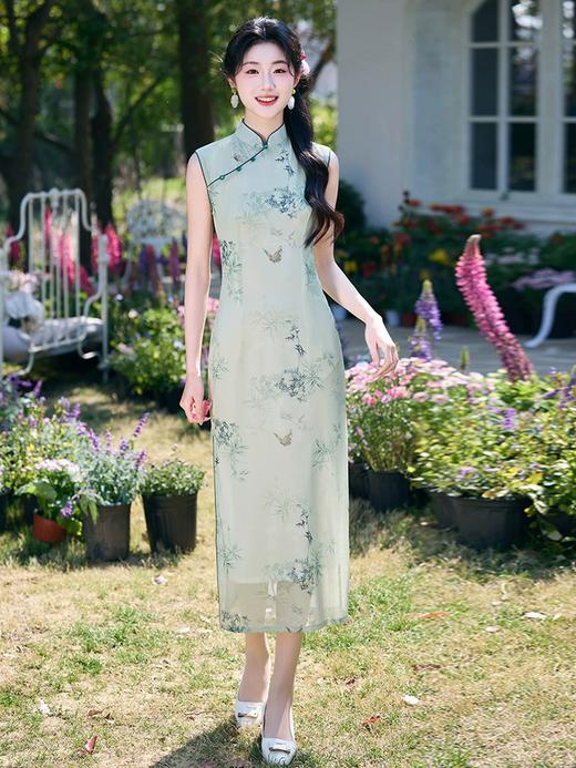 新中式国风改良无袖绿色网纱旗袍年轻款女夏季新款修身气质连衣裙 商品图0