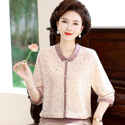 妈妈夏装中袖冰丝t恤中老年女洋气质翻领上衣宽松薄款小衫 商品图2