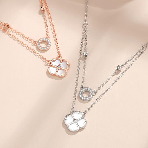 【双倍幸运】纯银双层四叶草几何白贝母项链【JHY-N000853B】 商品图1