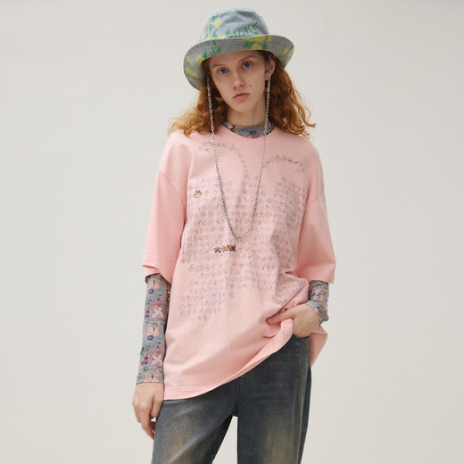 谜底T恤短袖女2025秋季新品休闲百搭印花纯棉磨毛大廓形253MT1038 商品图2