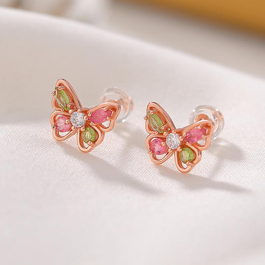【蝴蝶童话】S925纯银镀玫瑰金蝴蝶镶嵌镂空彩色碧玺耳钉【CW-23262】 商品图1