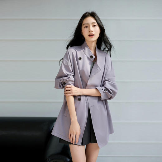 三彩2025秋季新款中长风衣外套立领宽松休闲气质通勤简约S 商品图2