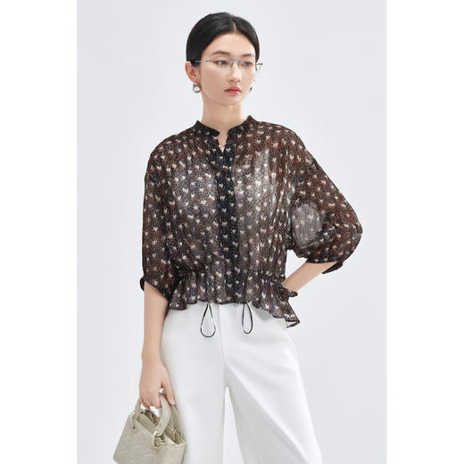 米思阳通勤优雅印花雪纺衬衫减龄宽松蝙蝠袖收腰显瘦衬衣女4276 商品图0