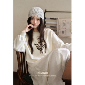 鹿向南「一握皎洁」杏色别致小花卫衣女秋季宽松百搭圆领长袖上衣