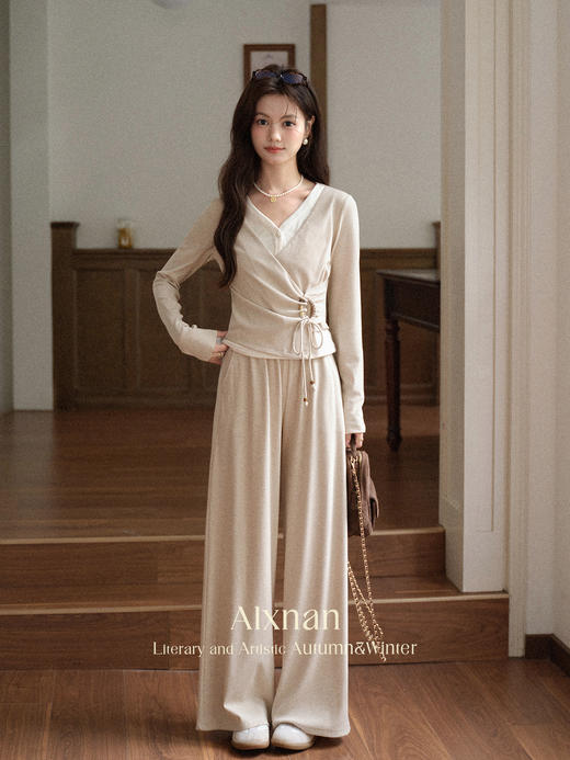 鹿向南「油画风铃」燕麦色宽松百搭休闲裤女秋季简约通勤阔腿长裤 商品图0