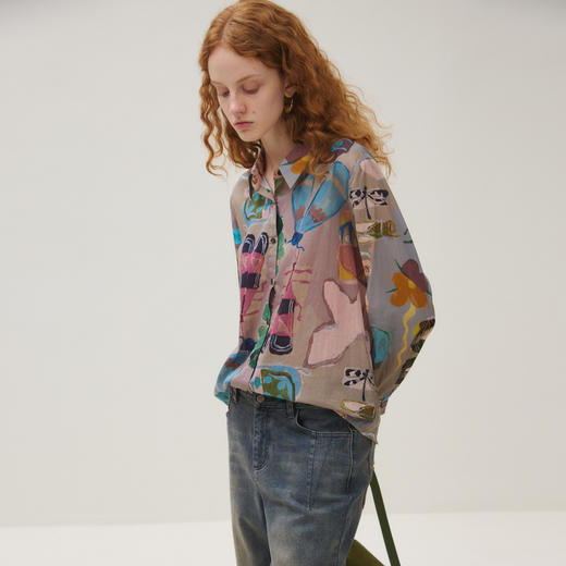 谜底衬衣长袖女2025秋新品复古通勤油画感原创印花衬衫253MC1252 商品图1