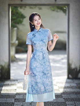 改良奥黛款旗袍女中长款日常修身新中式国风茶艺服装夏蓝色连衣裙