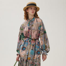 谜底衬衣长袖女2025秋新品复古原创印花立领灯笼袖衬衫253MC1058