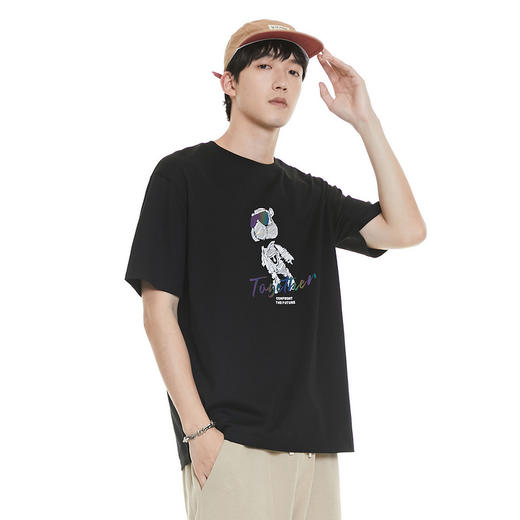 GXG男装夏季纯棉宽松短袖潮流滑雪小熊印花百搭T恤男K&C 商品图1