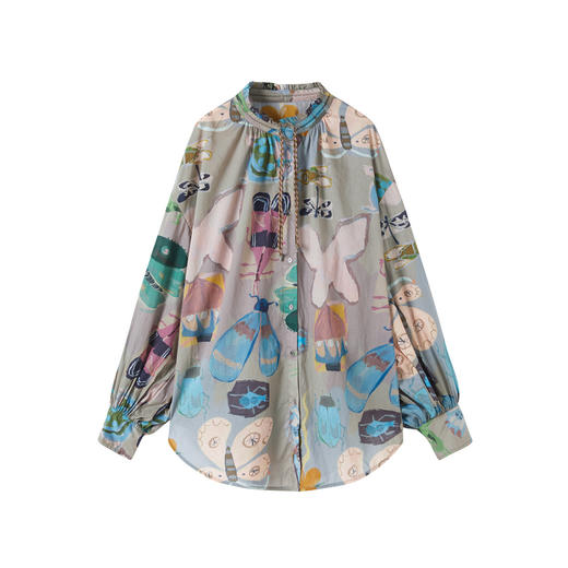 谜底衬衣长袖女2025秋新品复古原创印花立领灯笼袖衬衫253MC1058 商品图4