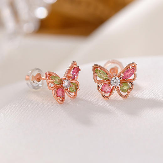 【蝴蝶童话】S925纯银镀玫瑰金蝴蝶镶嵌镂空彩色碧玺耳钉【CW-23262】 商品图2
