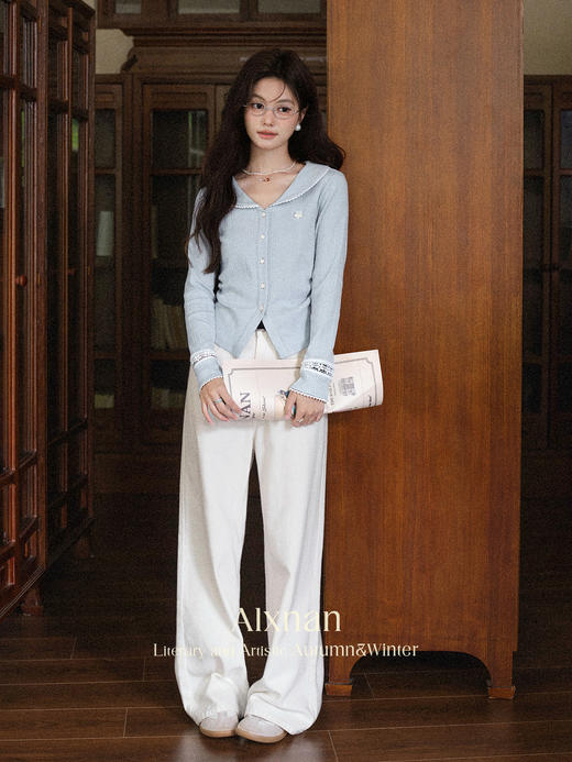 【6折秒杀】鹿向南「秋日蓝调」蓝色娃娃领长袖T恤女秋季显瘦针织衫开衫上衣L56993 商品图2