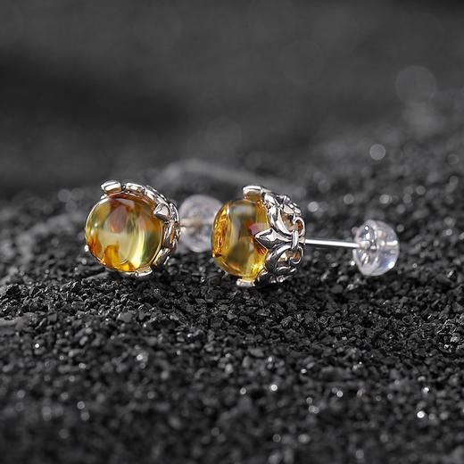 【繁华幻梦】花珀S925纯银花苞镂空圆珠耳钉【CW-ED04226】 商品图1