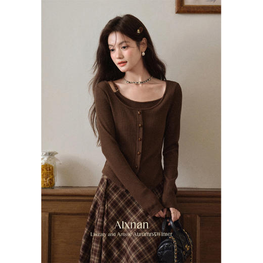 鹿向南「蝉鸣浅吟」法式休闲咖色长袖修身针织衫女早秋假两件上衣 商品图0