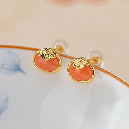 【柿柿如意】S925纯银天然南红水红柿子耳钉【CW-ED03973】 商品图1