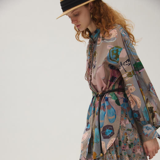 谜底衬衣长袖女2025秋新品复古原创印花立领灯笼袖衬衫253MC1058 商品图2