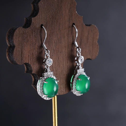 子佩集S925银【翠影摇春】耳环【ES011311】纯银绿玉髓椭圆2507 商品图3