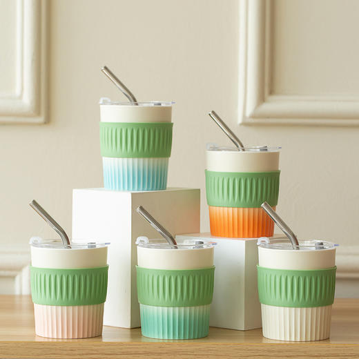 【为思礼】氤氲多彩陶瓷杯 办公室吸管杯 高颜值咖啡杯 女生伴手礼 家用茶水分离杯 奶油风陶瓷马克杯 商品图0