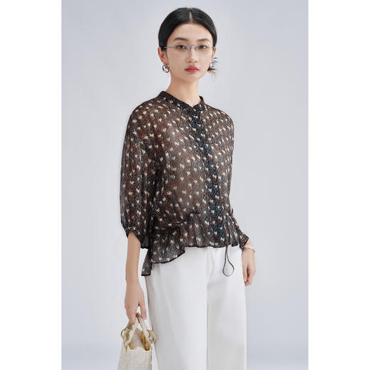 米思阳通勤优雅印花雪纺衬衫减龄宽松蝙蝠袖收腰显瘦衬衣女4276 商品图3